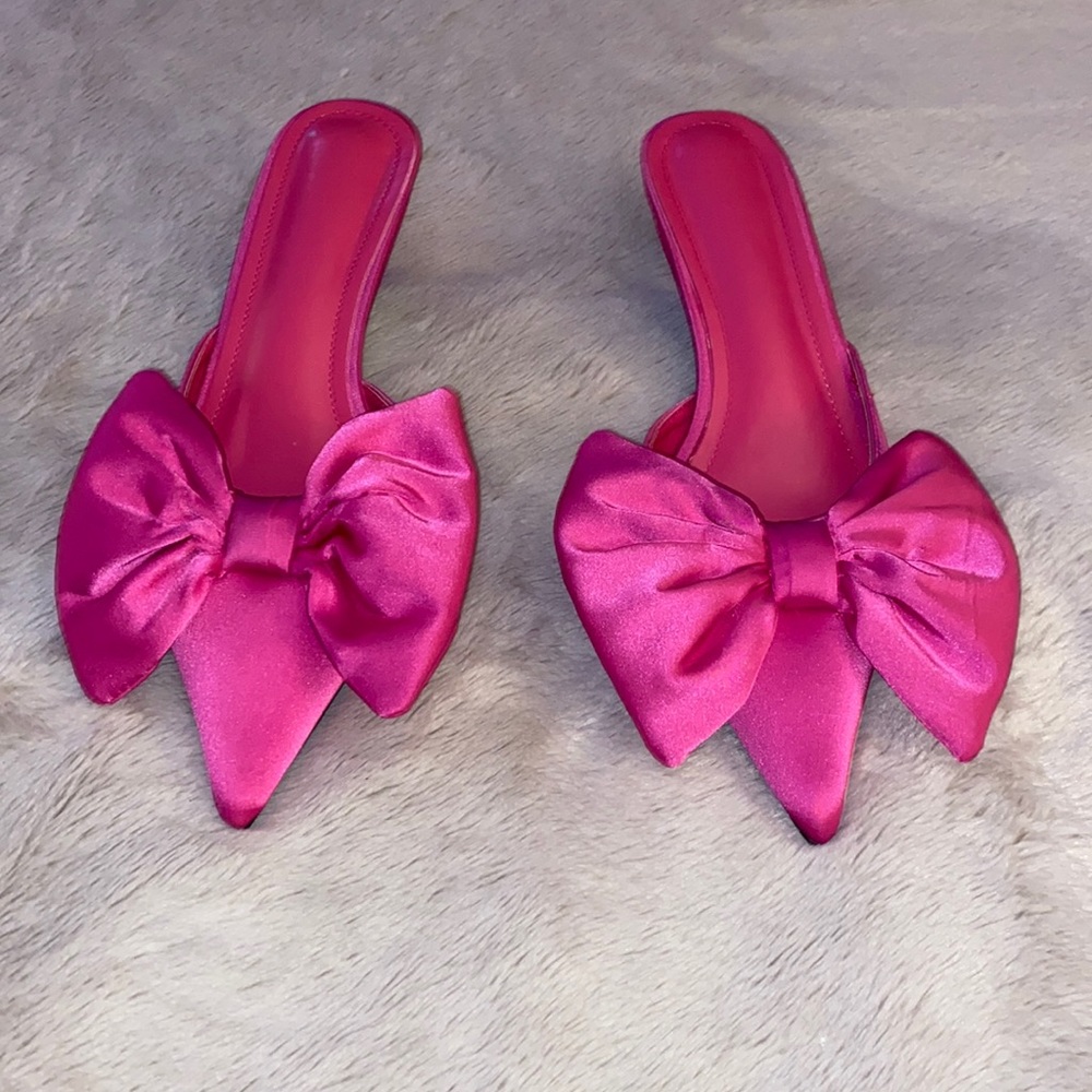 Pink Satin Bow detail Kitten heel Mules Size 8